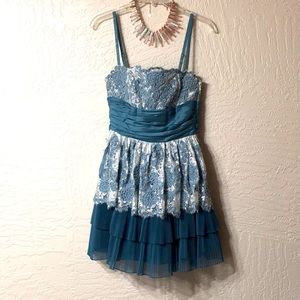 Betsey Johnson formal cocktail dress pale teal blue lace tiered bow gorgeous 2